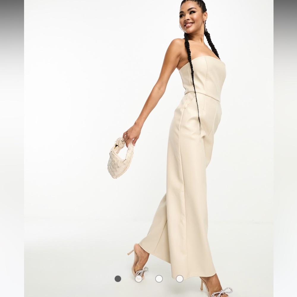 ASOS Kaiia leather look bandeau wide leg jumpsuit in stone 6